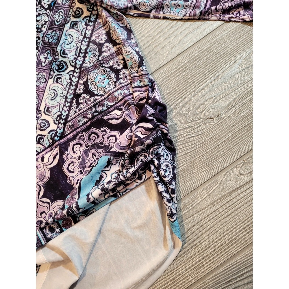 Chicos Medallion Print Rhinestone Draped Tulip Hem Top Purple Blue Size 2 Large - Picture 7 of 7